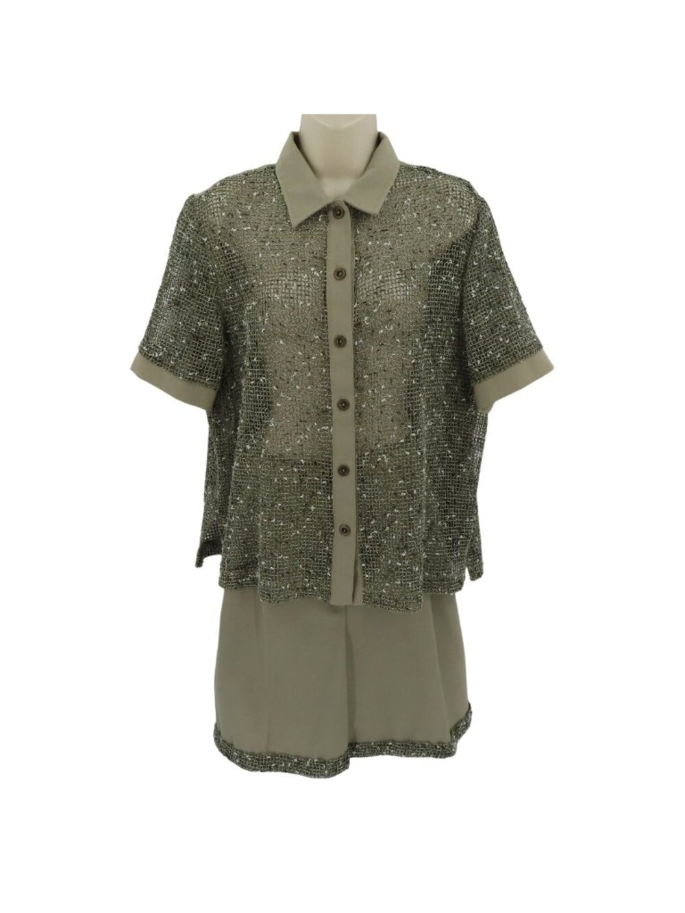 VTG Marshall Women 16 Green Sheer Mesh Collared Shirt Shorts 2 Piece Set Safari